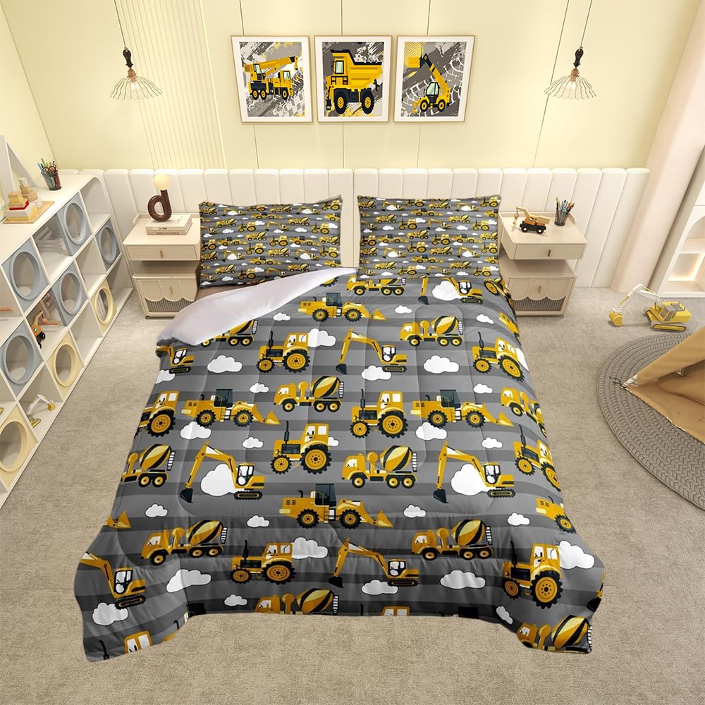 Loussiesd Boys Excavator Duvet Cartoon Yellow Truck Crane Comforter Set Digger Mixer Cute Kids Heavy Machinery Decor Duvet Insert Tractor Grey Stripe Clouds Down Comforter 2Pcs Single Size