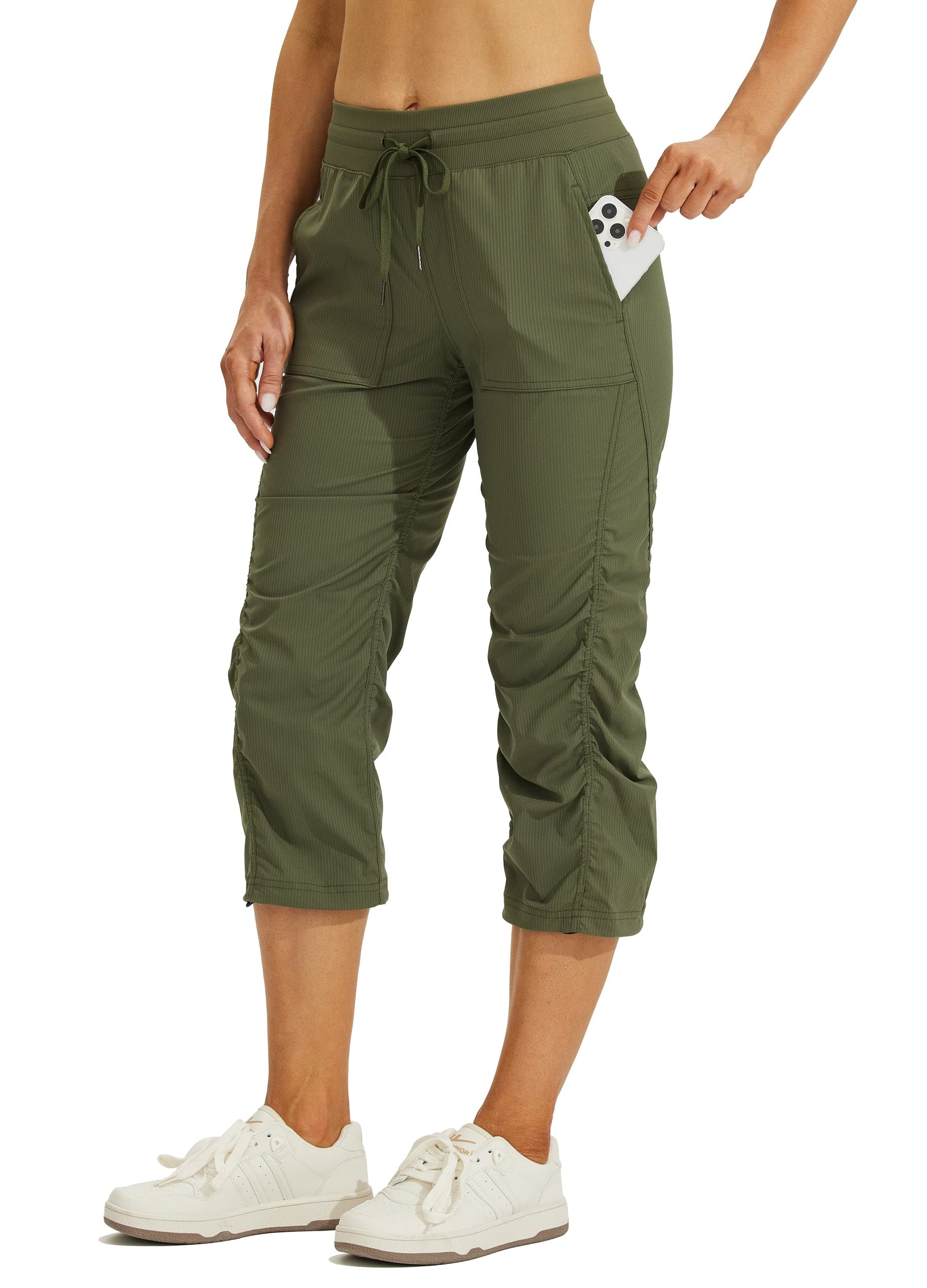 Photo 1 of Willit Women's Quick-Dry Capris Travel Pants Lightweight Striped Woven Hiking Workout Casual Pants with Pockets Army Green L
