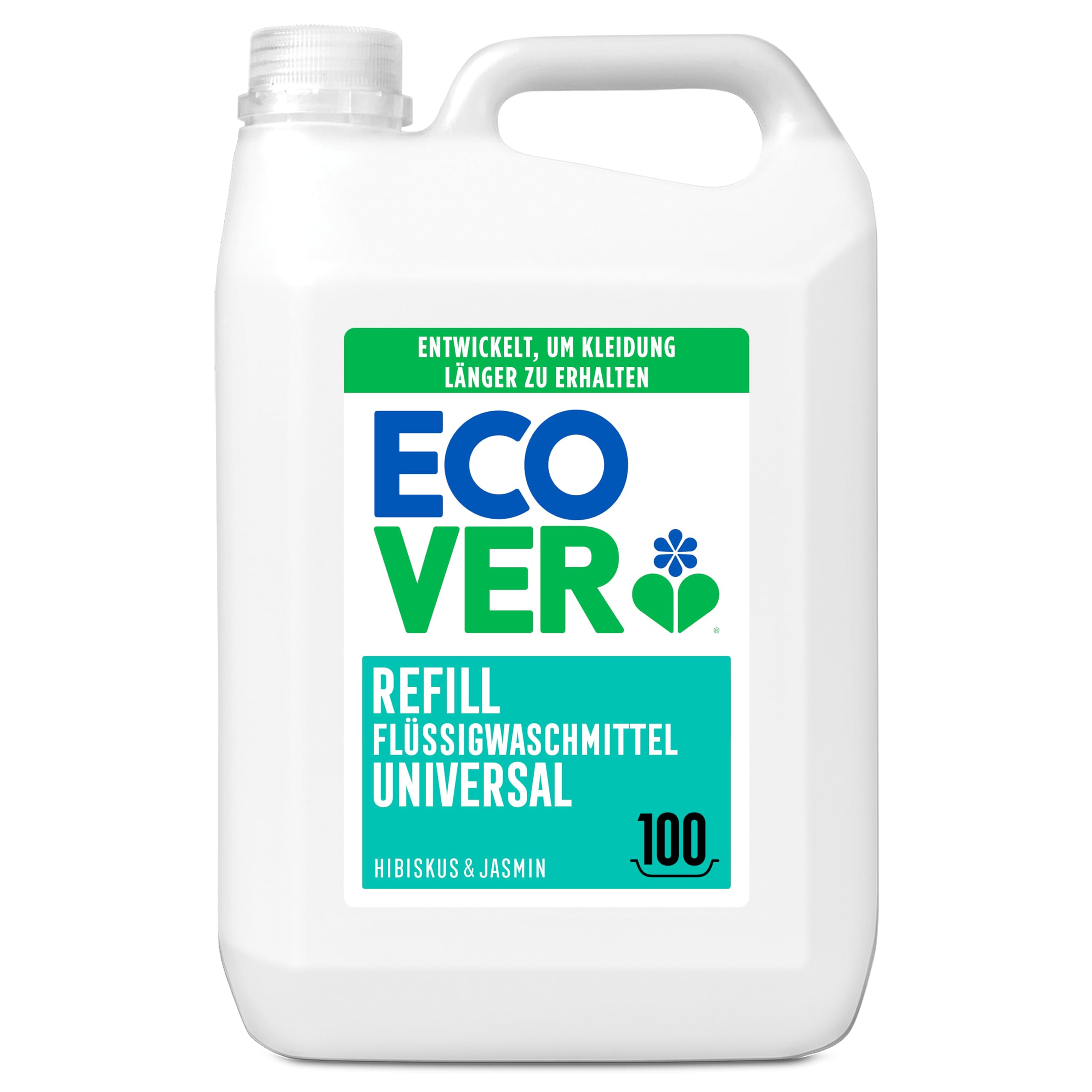 Ecover Waschmittel Universal Hibiskus & Jasmin (5L/100 Waschladungen), Flüssigwaschmittel mit pflanzenbasierten Inhaltsstoffen, pflegendes Vollwaschmittel für Erhalt und Schutz der Kleidung