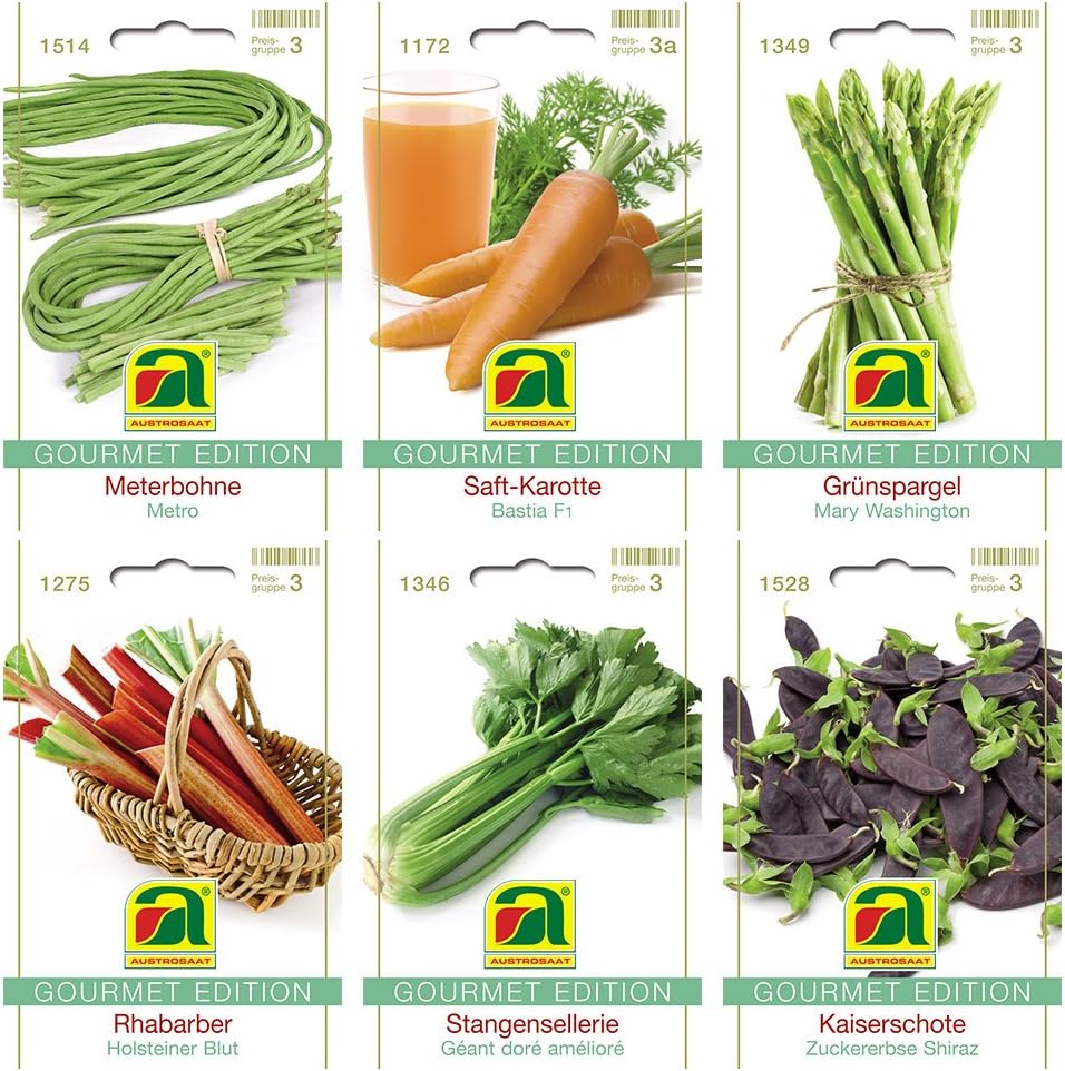 6 Varieties | Vegetable Seeds Assortment | Gourmet Edition | Set for Juice Carrot Rhubarb Celery Green Asparagus Bean for Cultivation in Garden-Bed and Balcony