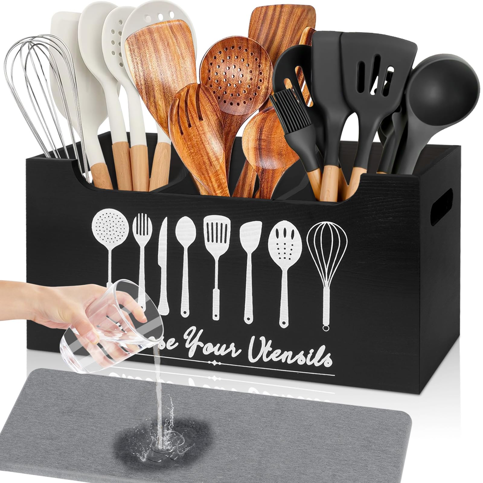 JGMZTZT Large Kitchen Utensil Holders with 3 Compartments,Wooden Utensil Organizer for Counter, Black Cooking Utensil Tool Crock Storage for Countertop Party Farmhouse Kitchen Decor