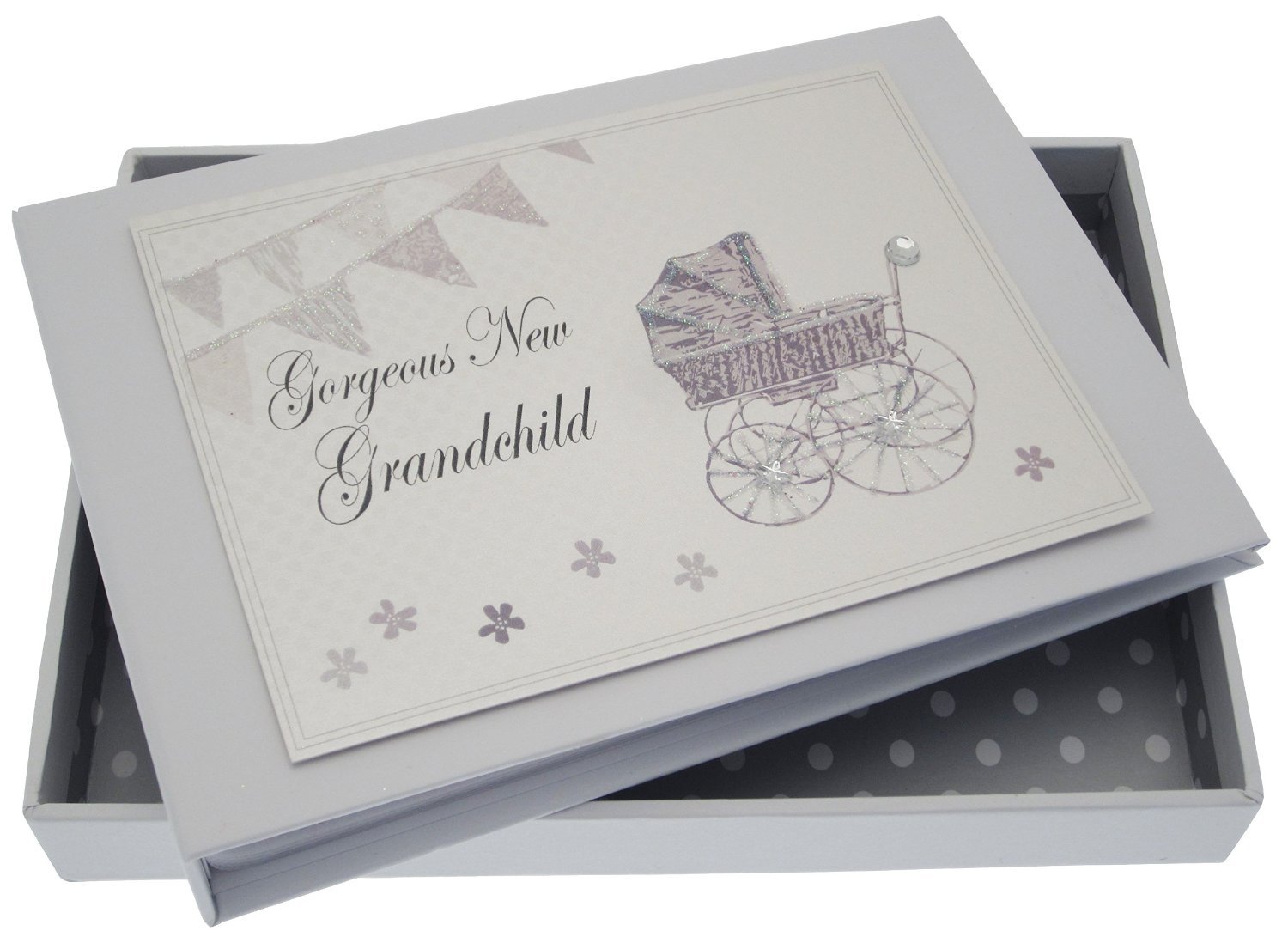 White Cotton Cards New Grandchild Tiny Album (Silver Pram and Bunting)