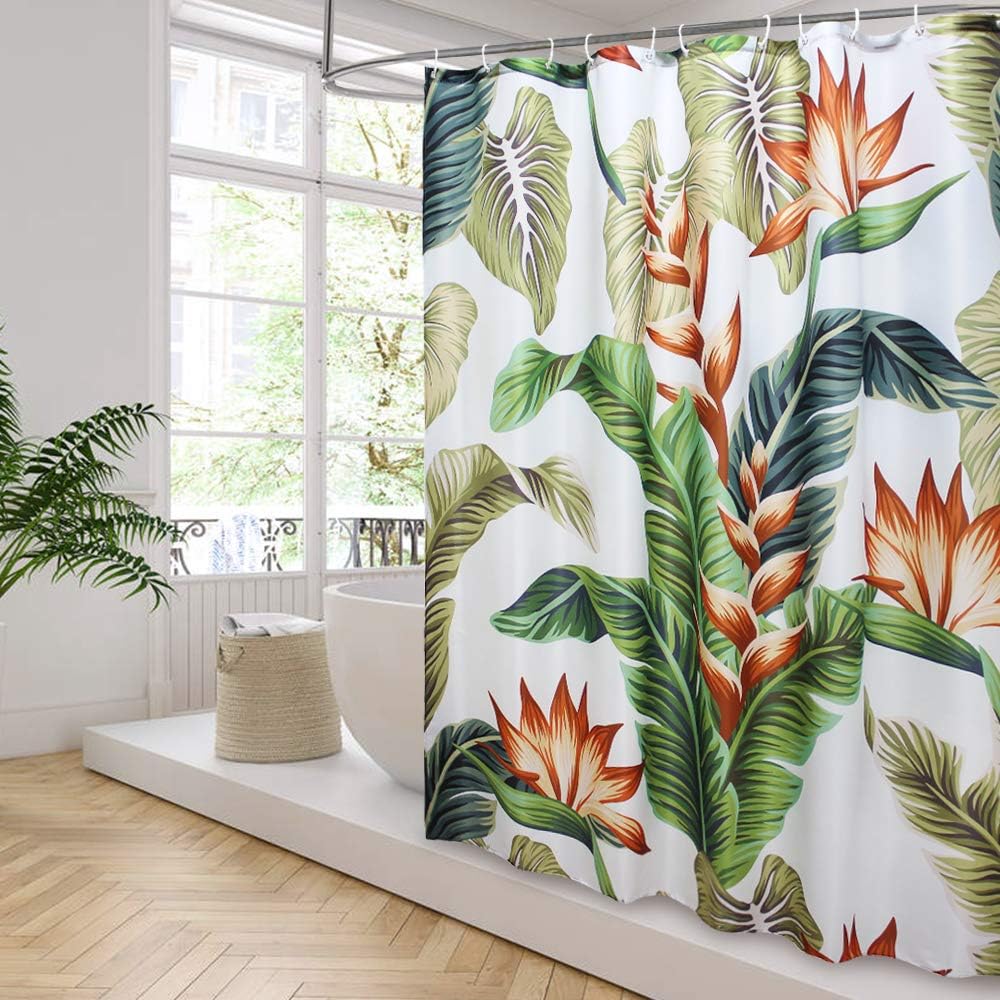 AooHome Fabric Heavy Duty Shower Curtain, Tropical Green Leaves Decoration Bath Curtain with Hooks, Waterproof, Weighted Hem, 70Wx78L inch, White