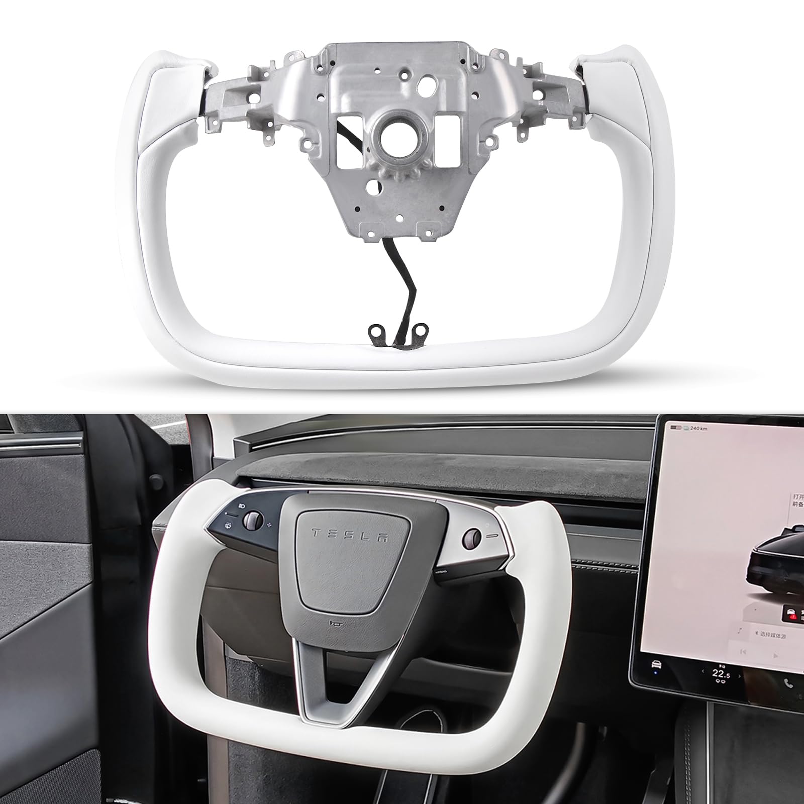 Photo 1 of Yoke Steering Wheel Personalized for Tesla Model Y Juniper 2025, Nappa Leather for Tesla Model Y Accessories With Heating Function No Front Trim (White Nappa, Glossy Carbon Fiber)