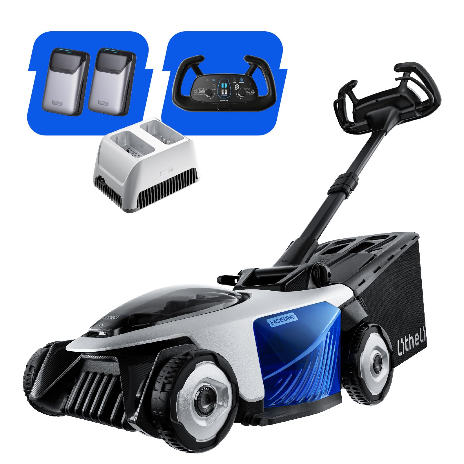 Litheli Easysurge Akku Rasenmäher, 40V/43cm Schnittbreite, Selbstfahrend (2,2-4,7 km/h), Bürstenloser Motor, bis 500 m², 50L Fangkorb, 25-75 mm Schnitthöhe, inkl. 2 x 4,0 Ah Akkus