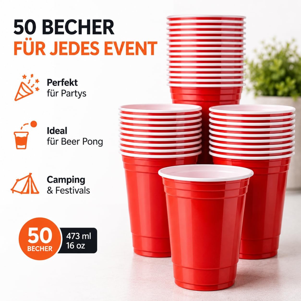 TK Gruppe Timo Klingler Beer Pong Becher 50 Stück wiederverwendbar – Partybecher 473 ml / 16 oz Bierpong, extra starke Red Cups, rote Plastikbecher für Camping,Partys, JGA, Festivals 5
