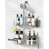 MSAICOE Adjustable Shower Caddy Hanging for Handheld Showerheads - Never Rust Shower Hanging Organizer, Upgraded Bathroom Shower Rack with Soap Basket, Hooks and Toothbrush Holder (Silver)