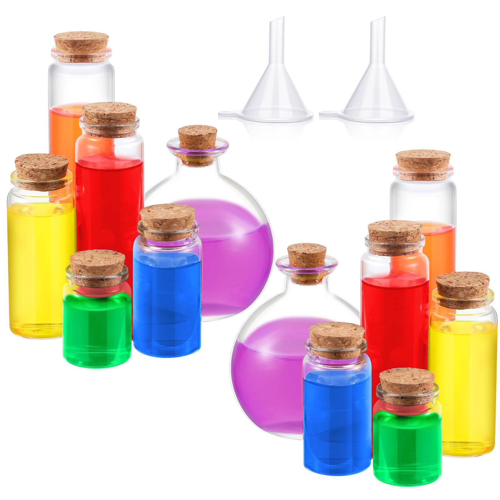 Photo 1 of 12 Pcs Halloween Glass Potion Bottle with Corks 6 Size Assorted Mini Glass Bottle Clear Message Jars with 2 Funnels for Halloween Decoration Party Favor Costume Prop DIY Crafts Witchcraft Supplies