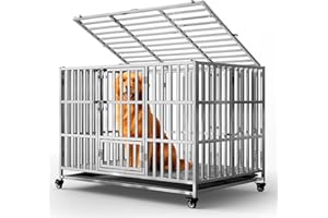 Holiwei 48" Heavy Duty Dog Crates for Large Dogs, Upgraded 4 Lockable Wheels, Stainless Steel Kennel Dog Kennel Indoor, Max L