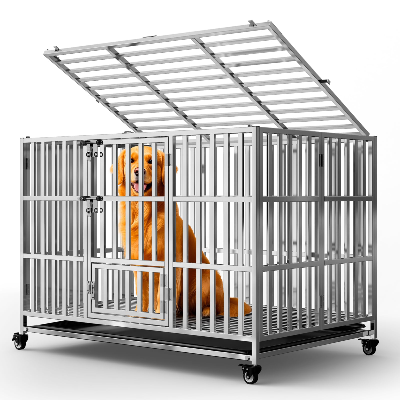 Photo 1 of Holiwei 48" Heavy Duty Dog Crate, Escape Proof XL Stainless Steel Dog Kennel with Top Opening, 4 Lockable Wheels, Easy Clean Metal Dog Cage for Large/High Anxiety Dogs