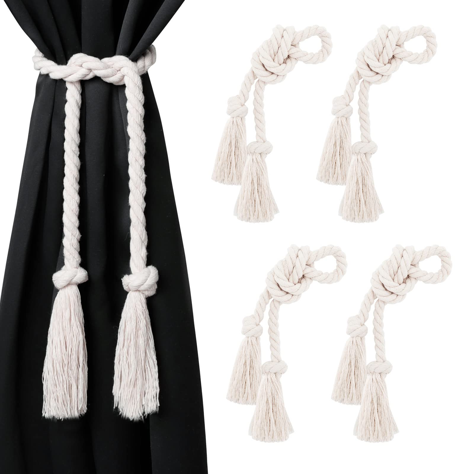 Pretty Jolly 4 Pack Natural Cotton Rope Curtain Tiebacks Boho Home Decor Drape Tie Backs Hand Woven Curtain Holdbacks for Thin & Thick Home & Office Window Draperies (Beige)