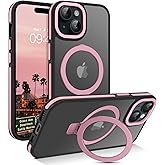 YINLAI Case for iPhone 15 Plus, Magnetic [Compatible with Magsafe] with Ring Holder Stand Slim Translucent Matte Men Women Shockproof Protective Back Phone Cover 6.7 Inch, Pink/Black