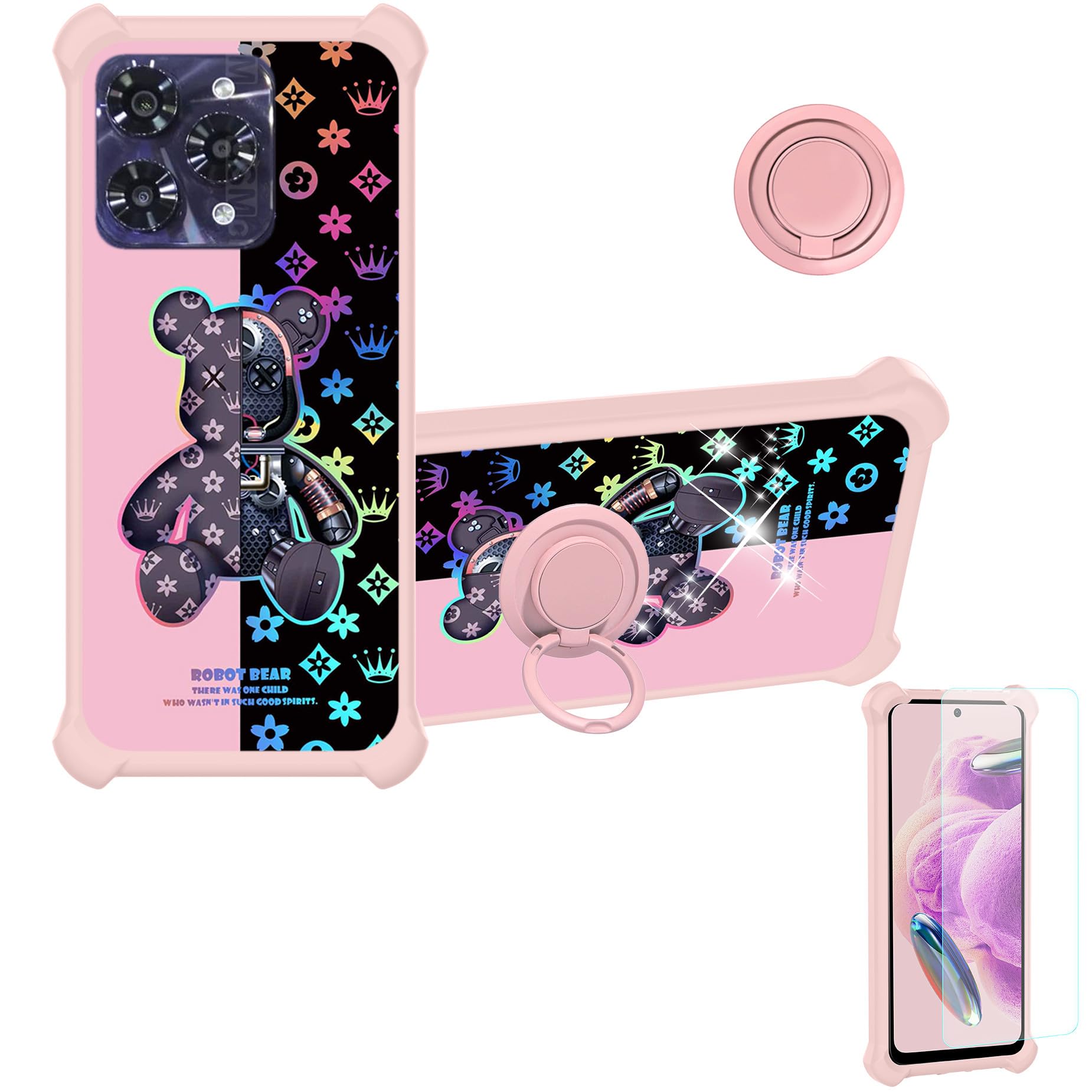 jioeuinly Case Compatible for Umidigi A15 Pro 5g Phone Case Cover [with Tempered Glass Screen Protector][Hard PC + Soft Silicone][Ring Support] [Colorful Reflect Light] IMDF-JXX