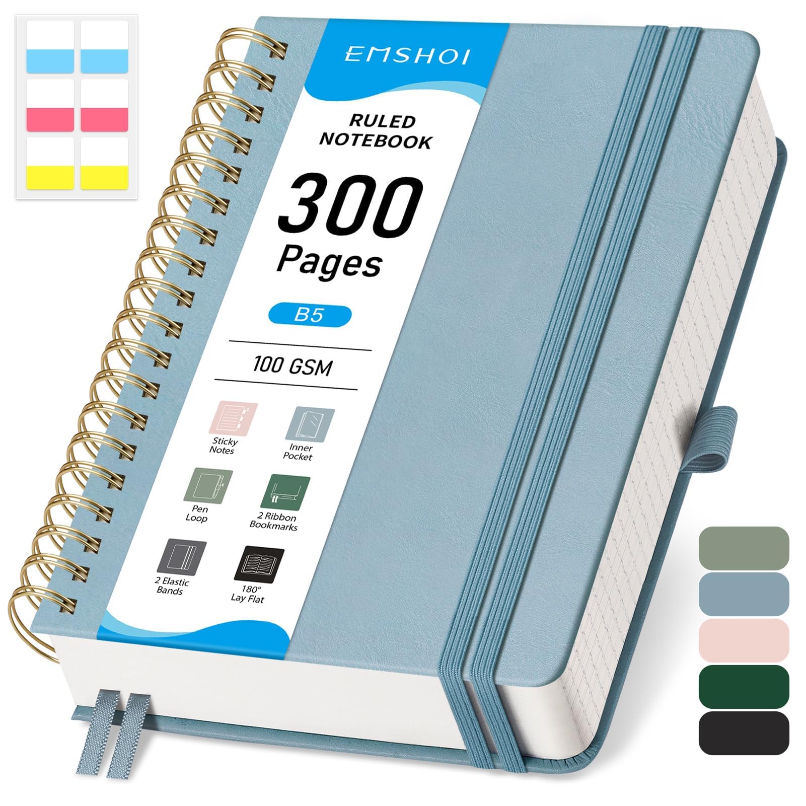 EMSHOI B5 Notebook College Ruled, Spiral Notepad 150 Sheets/300 Pages, 100gsm, HardCover, Sticky Notes, Pocket, Pen Loop, Ruler, Bookmark, Lined Journal for Women Men Writing, 19 x 25.8cm, Gray Blue