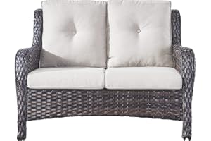 PUGIRE Outdoor Loveseat Wicker Patio Couch - 2-Seater Rattan Patio Sofa with Deep Seating and Comfortable Cushions for Outside Porch Deck Poolside Balcony(Brown Wicker/Beige Cushion)