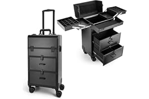 Yokilly Rolling Makeup Train Case, Professional Cosmetology Case on Wheels, Aluminum Cosmetic Trolley Travelling Cart Trunk with Swivel Wheels, Sliding Drawer & Keys for Nail Technician Stylist(Black)