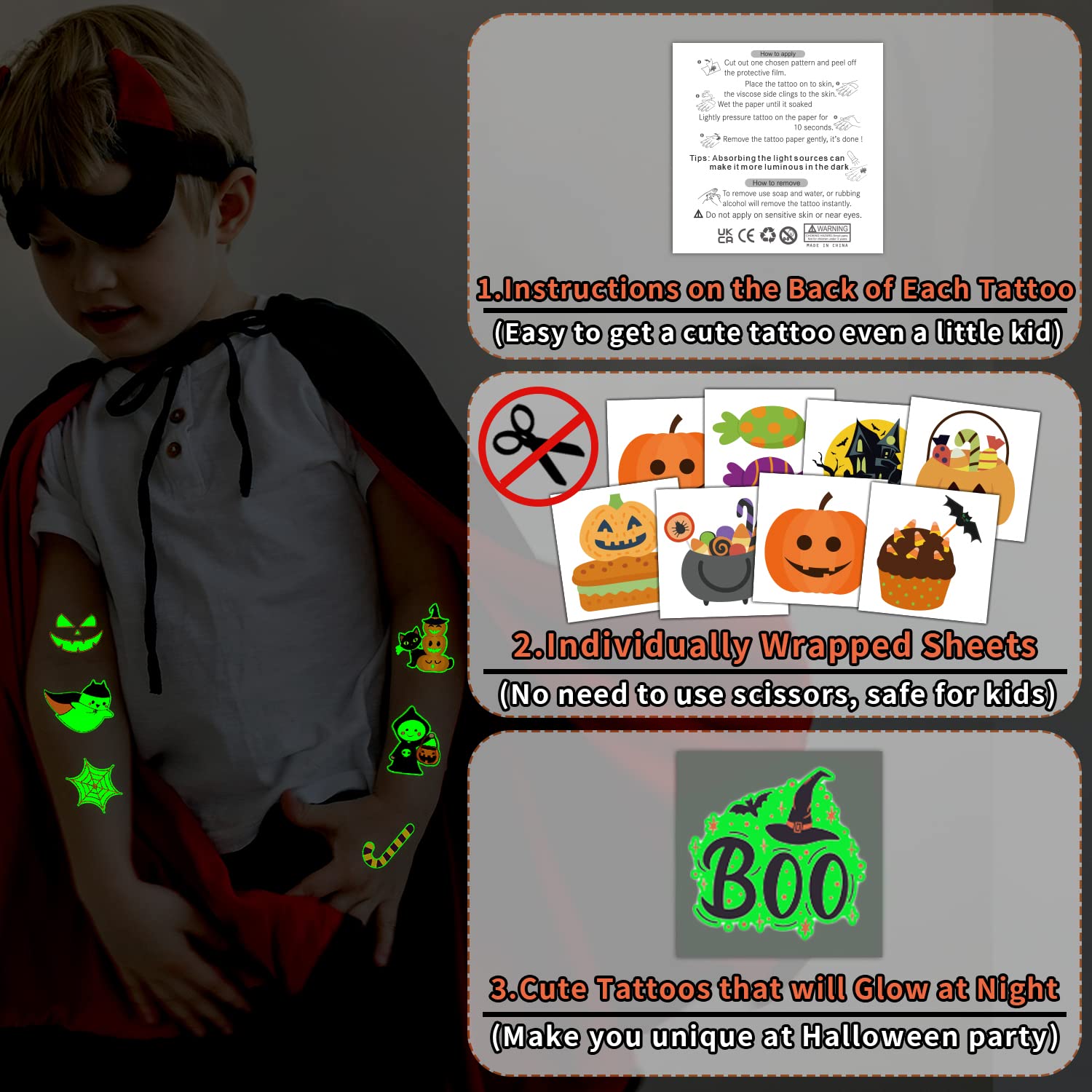 PARTYWIND 204 PCS Individually Wrapped Sheets Glow Halloween Tattoos for Kids Party Decorations, Luminous Pumpkin Tattoo Stickers, Kids Halloween Treats, Party Supplies