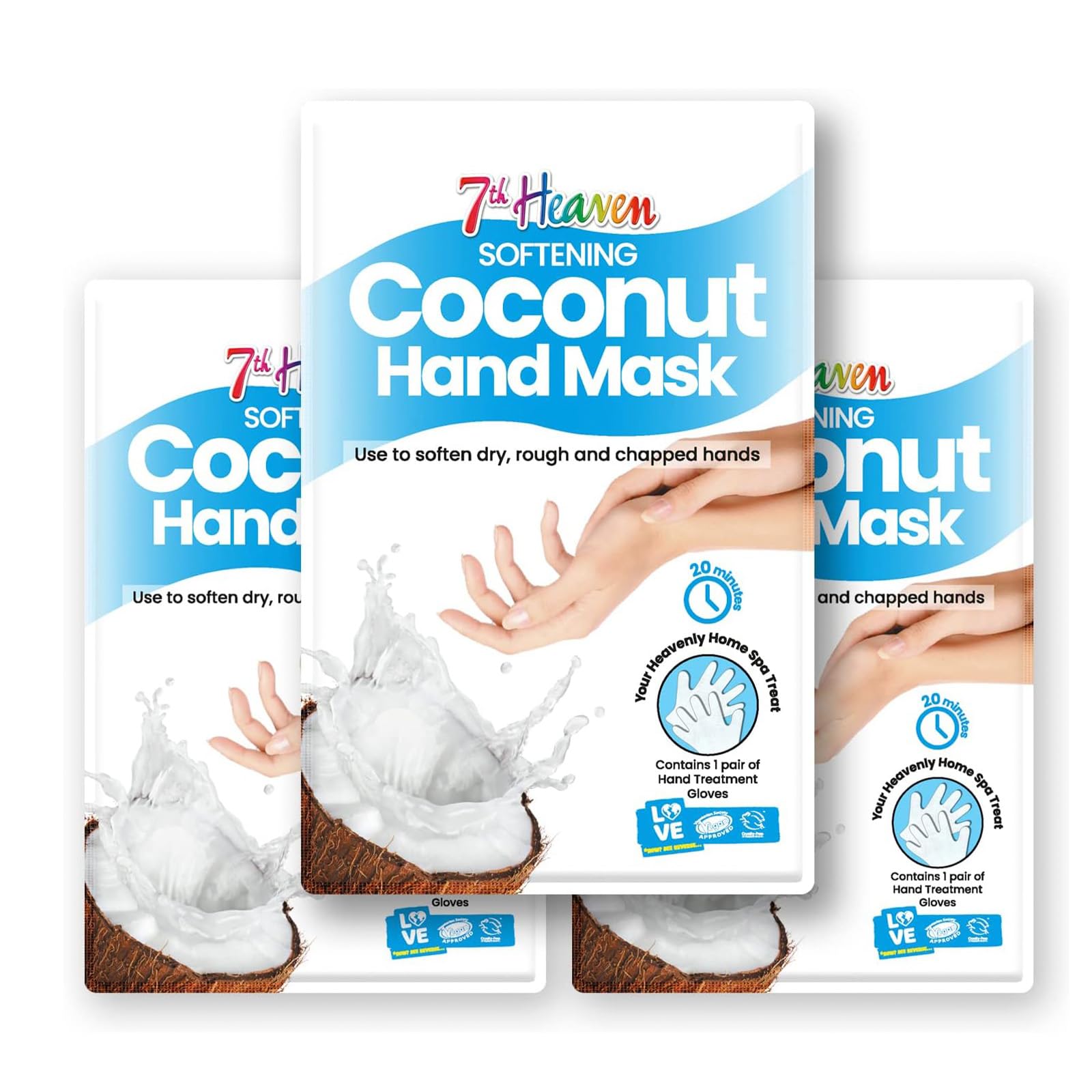 7th Heaven Coconut Hand Masks (Pack of 3) - Hand Mask Gloves to Freshen and Rehydrate Chapped, Rough and Dry Hands, Vegan Skincare - Genuine 7th Heaven Skincare