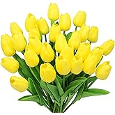 28pcs Yellow Flowers Artificial Tulip Stems Real Feel PU Tulips for Easter Spring Wreath Wedding Bouquet Centerpiece Floral Arrangement Cemetery Table Décor 13" Tall