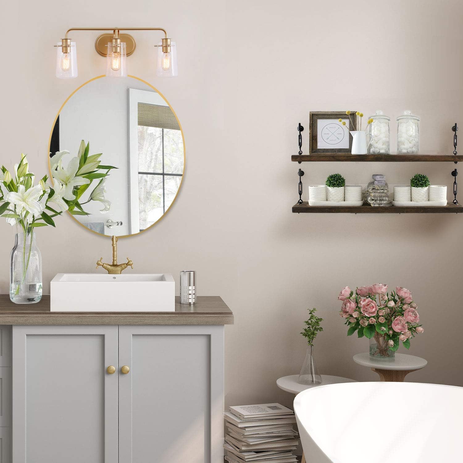KSANA Gold Vanity Light 3 Modern Bathroom Fixture with Seeded Glass Shade - - 