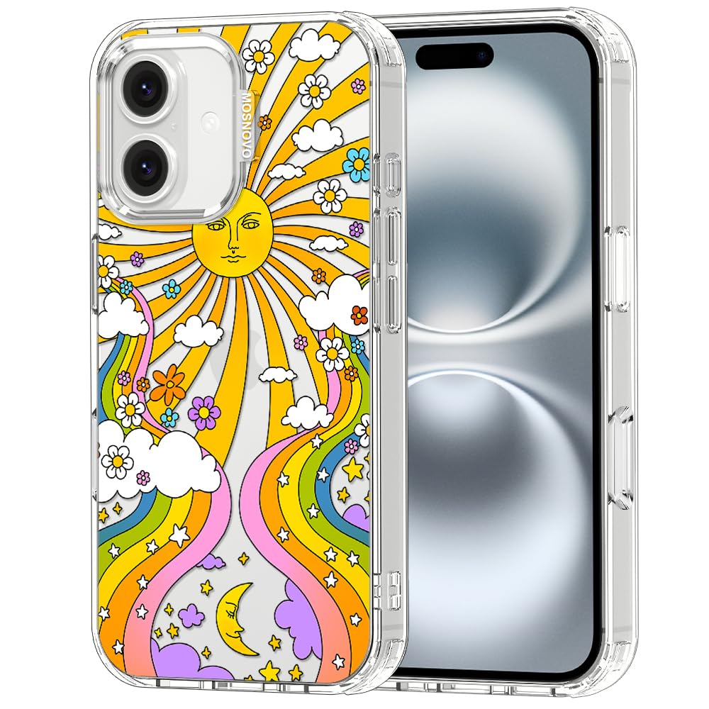 MOSNOVO Case for iPhone 16 Plus, [Buffertech 6.6ft Military-Grade Drop Protection] [Anti Peel Off Tech] Clear TPU Bumper Phone Case Cover Design - 70's Psychedelic Groovy Art