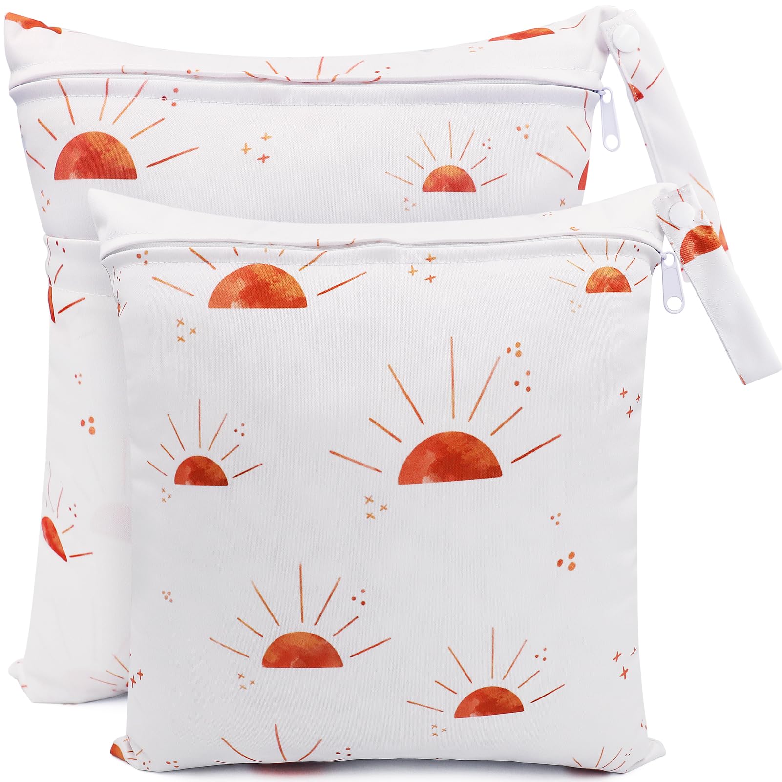 FenFang Wet Bag, 2 PCS Wet Dry Bags for Cloth Diapers Nappy Daycare Organiser Storage Bags, Waterproof Washable Reusable Zipper Bag (White Sun)