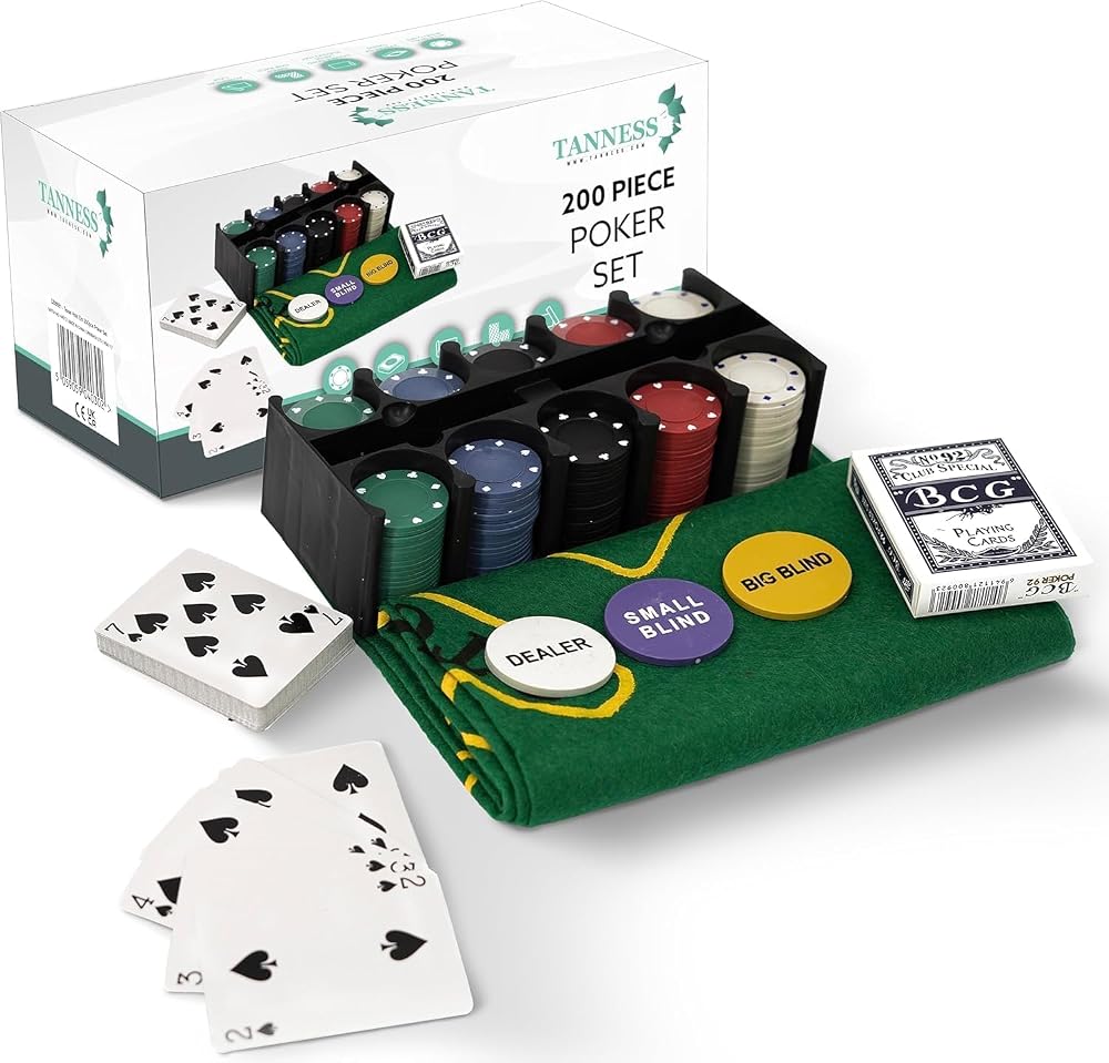 TANNESS 200 Pcs Poker Set with Chips Mat Tin Box Casino Texas Holdem