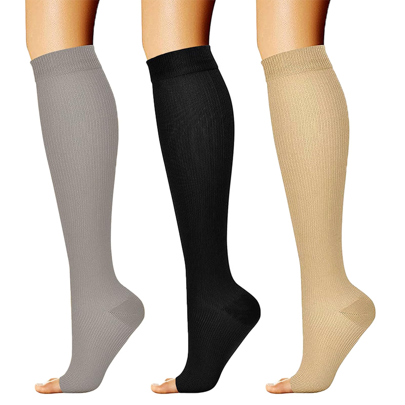 KEYRI 3 Pairs Flight Compression Socks, Toeless Support Socks Open Toe Compression Stockings Calf Pressure Socks Flight Socks for Women Men Nurse Flying Travel Work Running (Black, Beige, Gray, L-XL)