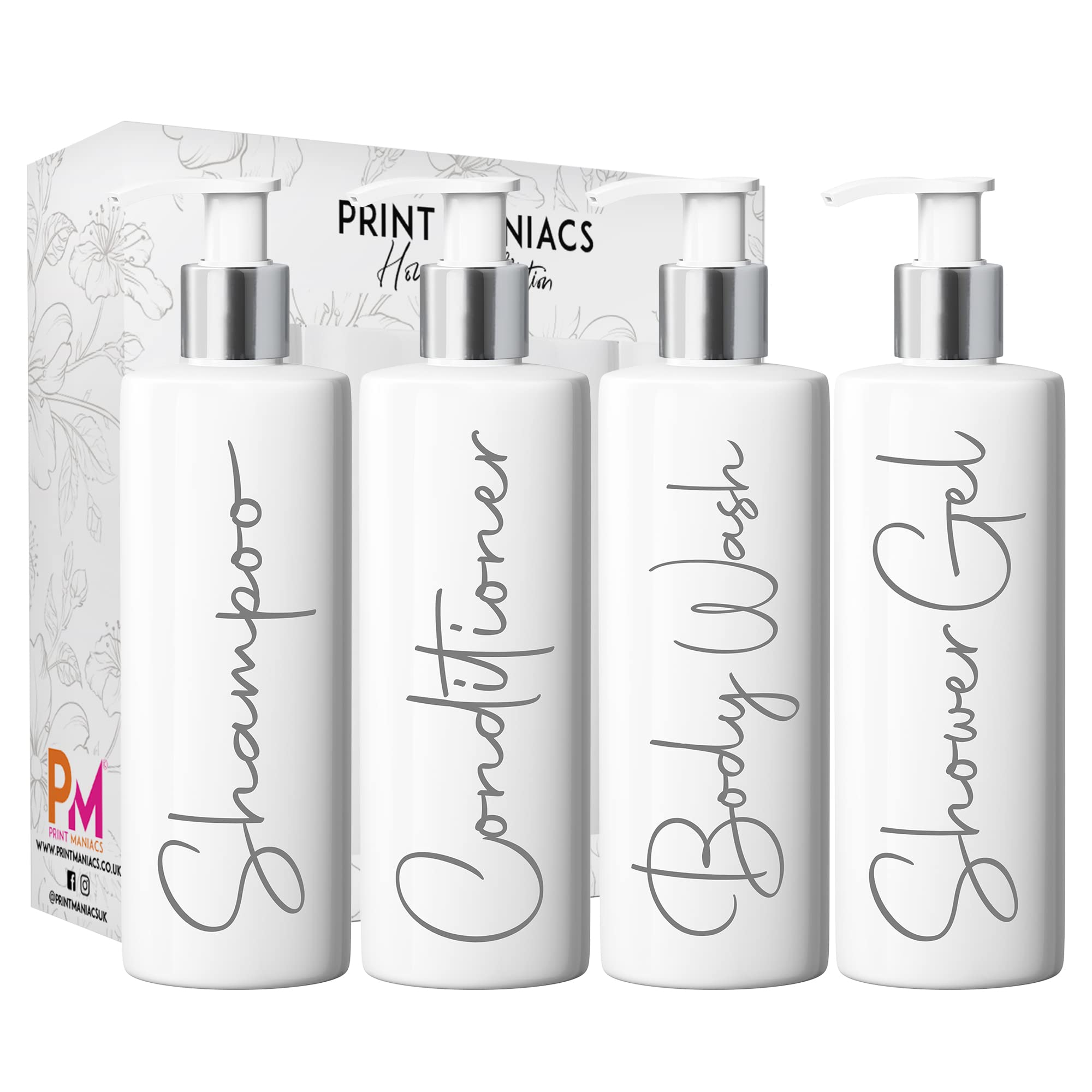 Print Maniacs White Mrs Hinch Inspired Personalised 500ml Pump Bottles Bathroom Lotion Kitchen Set Shampoo Conditioner ( Shower Gel Set, F2 ) (Grey)