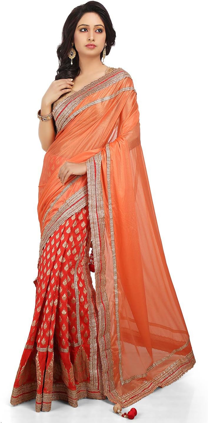 Two Part Lycra Shimmer and Georgette Saree in Peach and Red