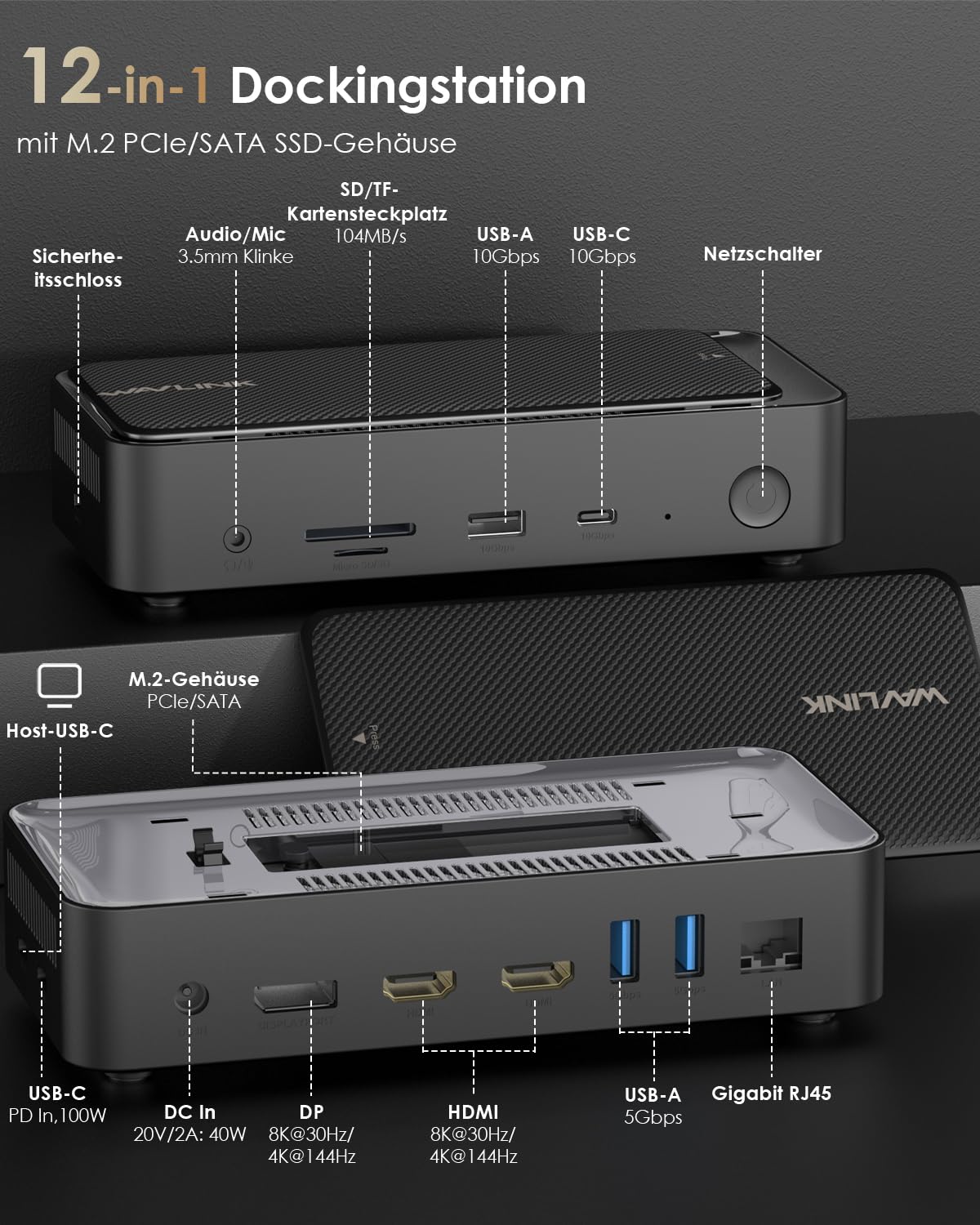 WAVLINK Laptop Dockingstation für DREI Bildschirme (einzeln 8K@30Hz/4K@144Hz), USB-C-Dock mit M.2-PCIe/SATA-SSD-Gehäuse, unterstützt 100 W Power Delivery, USB C/A, SD/TF, Gigabit für Windows, Mac OS 2