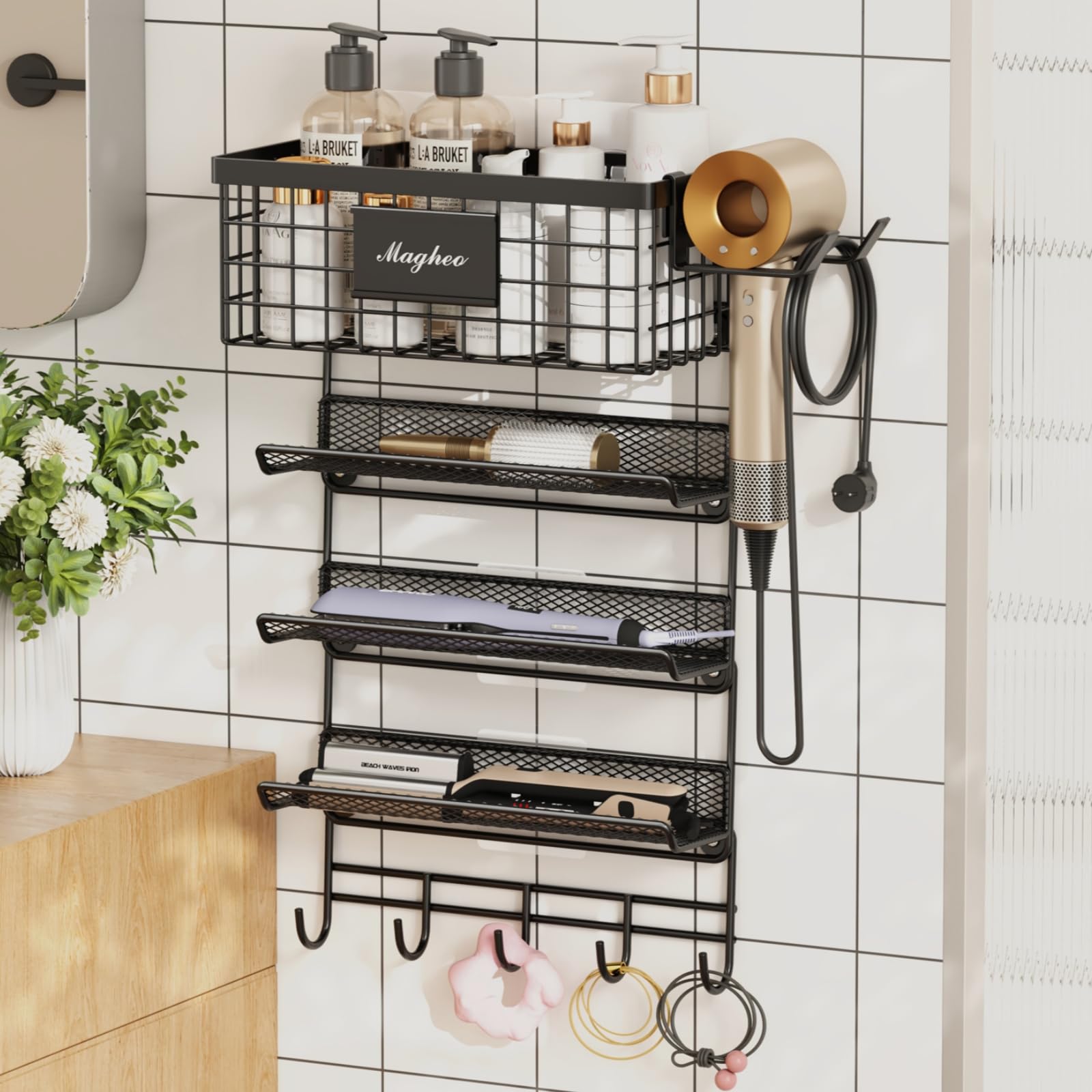 Photo 1 of Magheo Hair Dryer Holder Wall Mounted, Adheisve Hair Styling Tool Organizer for hair Brush/Appliance Wall Mount with 5 Tier Shelf Basket Hooks Blow Dryer and Straightener Holder for Bathroom(Black)