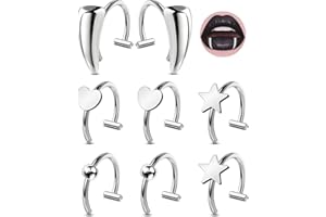OUFER 8PCS Fake Lip Ring, 316L Surgical Steel Fake Lip Piercing Vampire Teeth Ring Kit, Adjustable Lip Ear Nose Non-Piercing kit Fake Nose Piercing Jewelry For Women Men