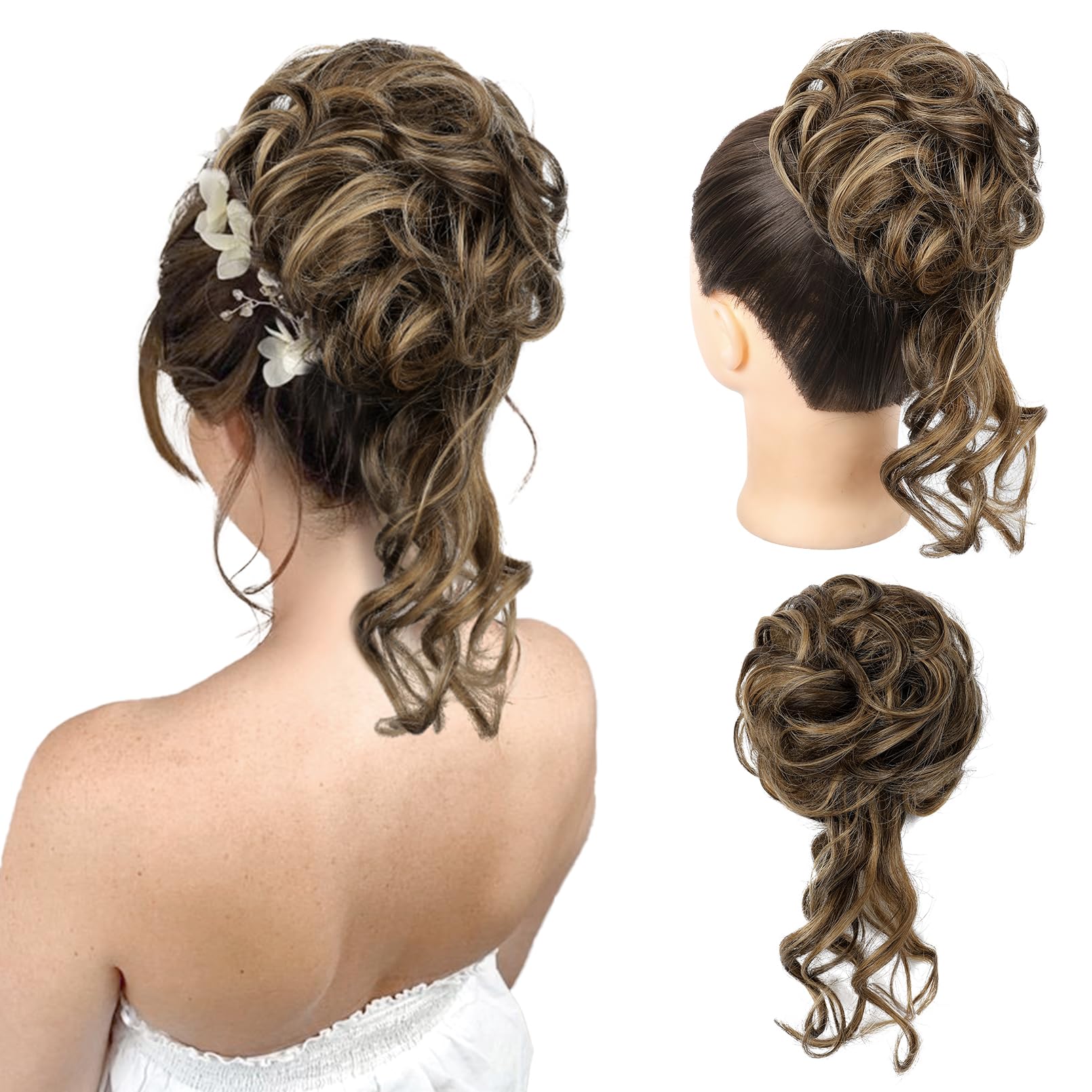 REECHO Messy Bun Hair Piece, Tousled Updo Elastic Hair Bun Hair Piece for Women Synthetic Messy Hair Bun Donut Accessories Scrunchies (Chocolate Brown with Blonde Highlights)
