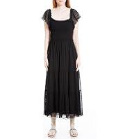 Lucky Brand Women's Poplin Lace Trimmed Smocked Midi Dress, Caviar, X-Small  at Amazon Women's Clothing store