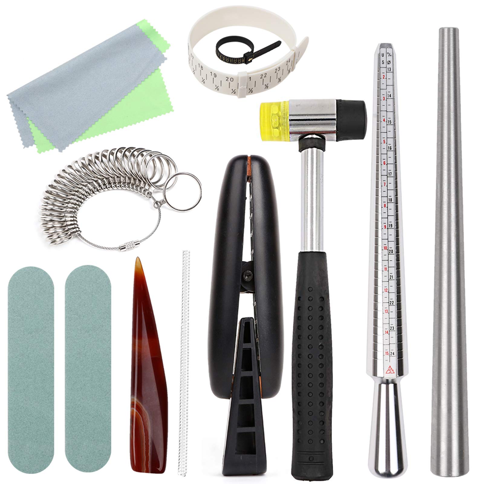 LAMPTOP 13-Pack Jewelry Ring Sizer Tools Set, Ring Sizer Mandrel Set Including Ring Mandrel, Measuring Stick, Ring Sizer, Ring Clamp, Rubber Hammer and More Tools for Jewelry Making Crafts