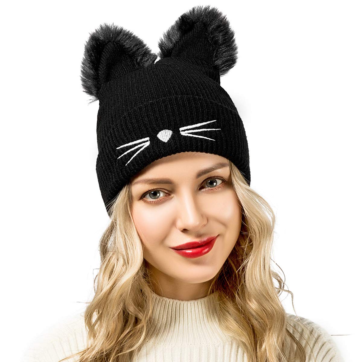 Flowomen Winter Hats for Women Cute Cat Ear Hat with Embroidered Warm Knit Crochet Women\'s Slouchy Beanie Hat Ski Cap (Black)