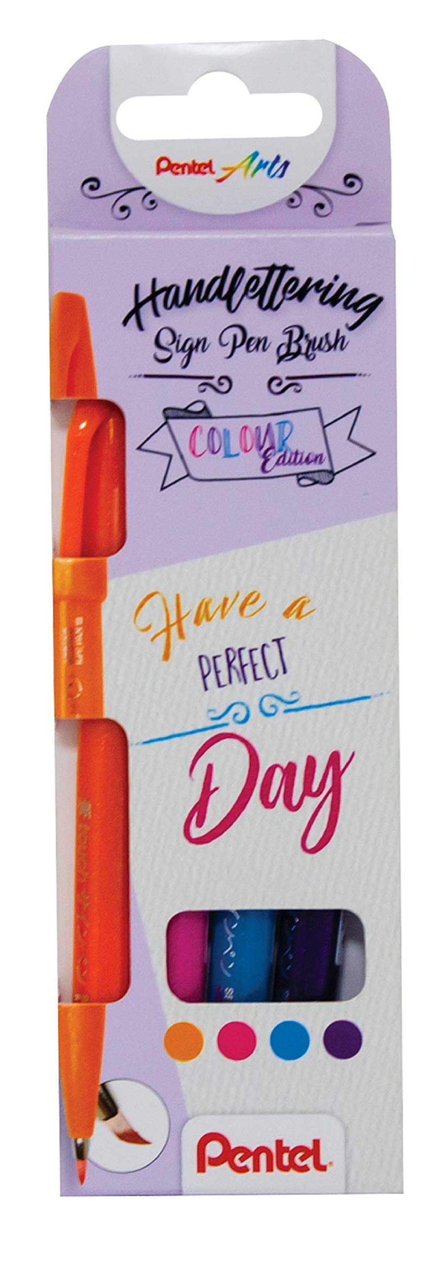 Pentel Arts Brush Sign Pen Wallet, 4 pens, Orange, Pink, Sky Blue & Violet, (1 of each)