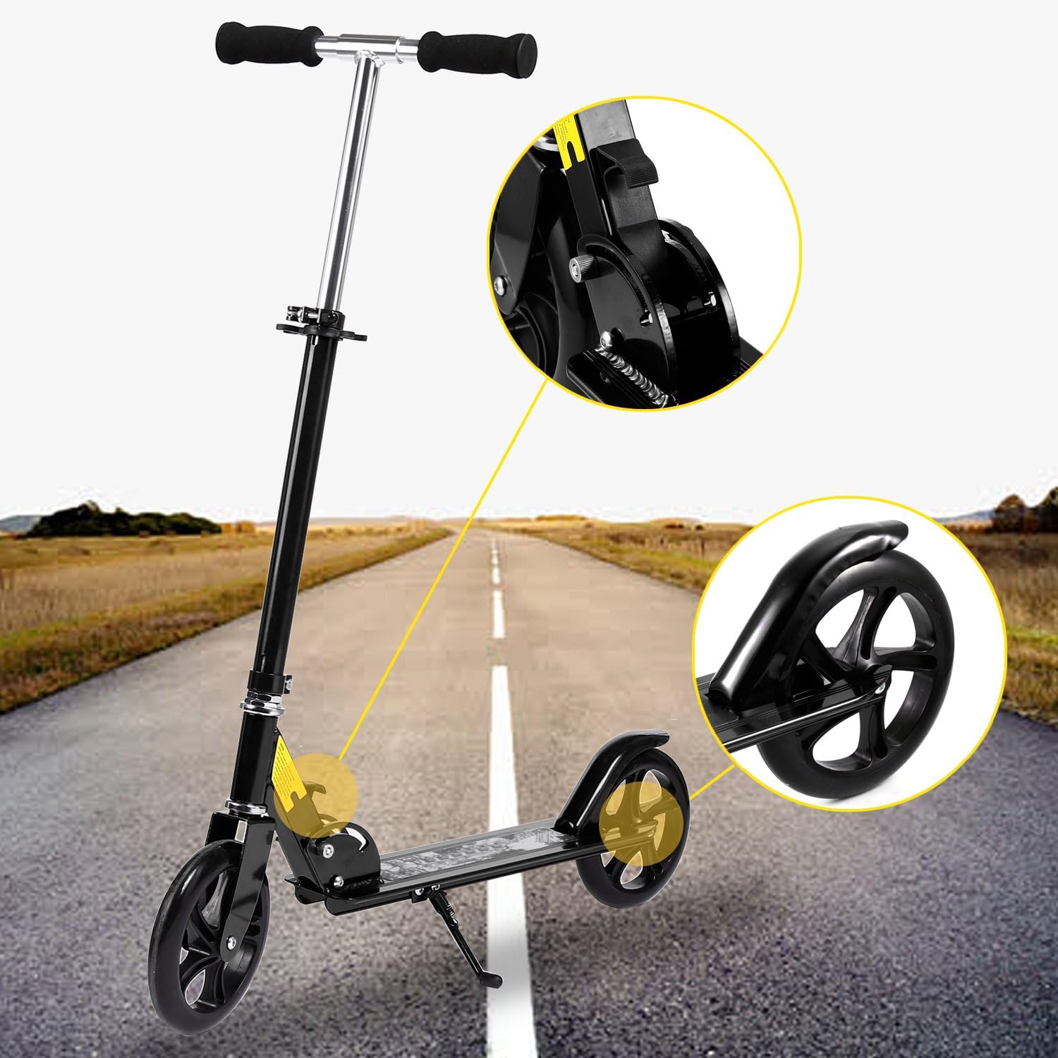 OppsDecor Adult Scooter with 3 Seconds Easy-Folding System 200mm Big Wheels Teens Commuter Scooter, 220lbs Adjustable City Scooter Age 8 Up