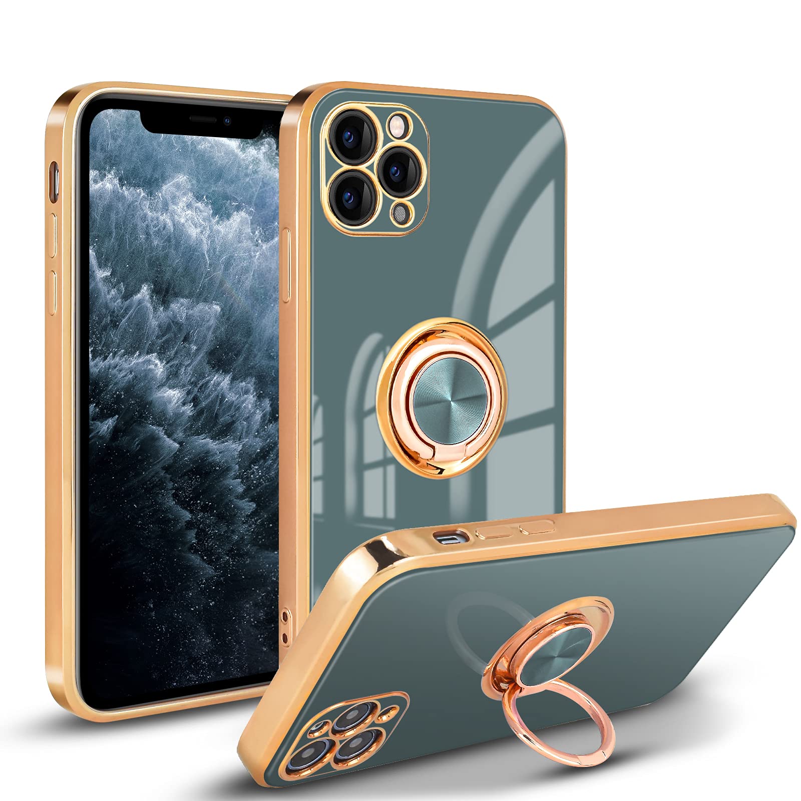 Newseego Case Compatible with iPhone 11 Pro, Electroplated Soft Silicone Shockproof iPhone 11 Pro Protective Cover, 360 Degree with Rotation Magnetic Car Finger Ring Holder for iPhone 11 Pro-Grey