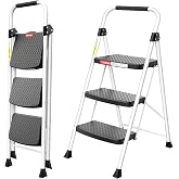 HBTower 3 Step Ladder, 330lbs Sturdy Step Stool with Anti-Slip Pedal | Foldable Space-Saving Design, Secure Safety Lock, Stable Triangular Support for Home Kitchen Closet Use, White