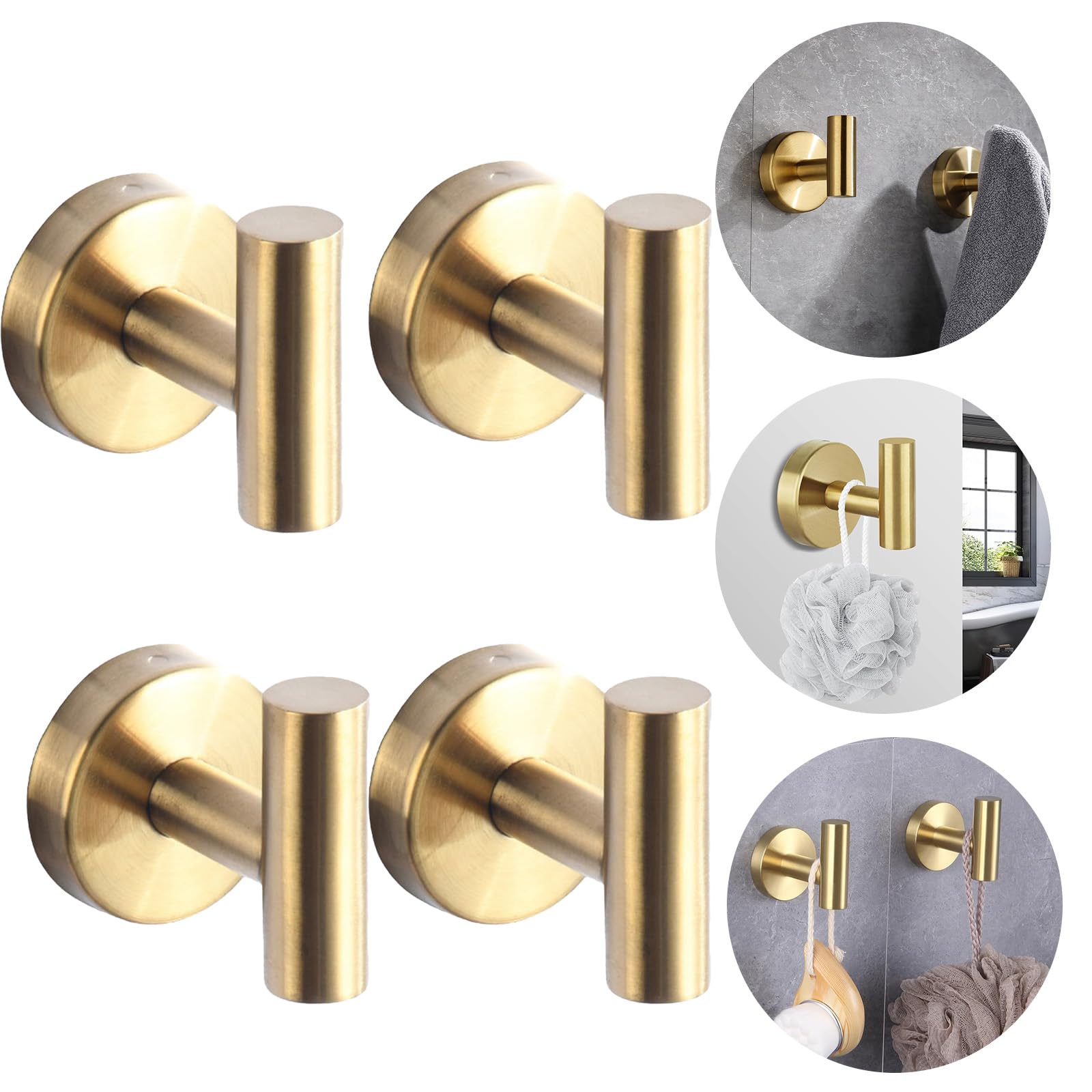 Boxonly Heavy Duty No-Drill Stainless Steel Suction Cup Coat Hook – Bathroom and Kitchen Towel Hooks, Gold – 4 Pcs, Strong Suction Hold, Removable, Up to 5kg Capacity, Modern Minimalist Design
