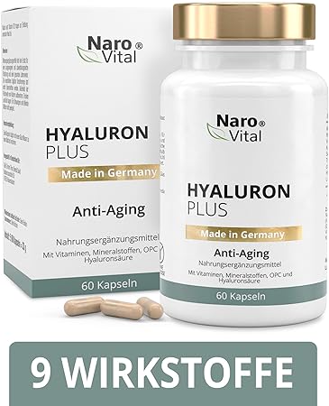 Hyaluronsäure Kapseln - Anti-Aging & junge Haut - Hochdosiert 553 mg - Mit Hyaluronsäure 500-700 kDa, Niacin, Vitamin B2, Kup
