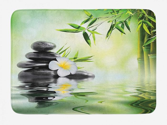 Ambesonne Spa Bath Mat, Garden Frangipani Bamboo Japanese Relaxation Resting Travel, Plush Bathroom Decor Mat with Non Slip Backing, 29.5