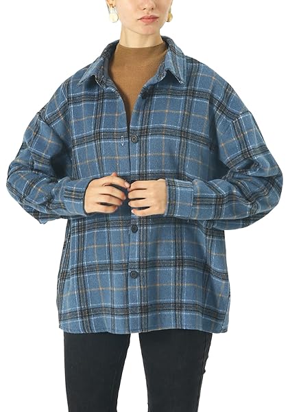CHOUYATOU WOMEN’S WESTERN STYLISH LONG SLEEVE BUTTON DOWN OVERSIZE PLAID FLANNEL SHACKET SHIRT JACKET (BLUE, XX-LARGE)