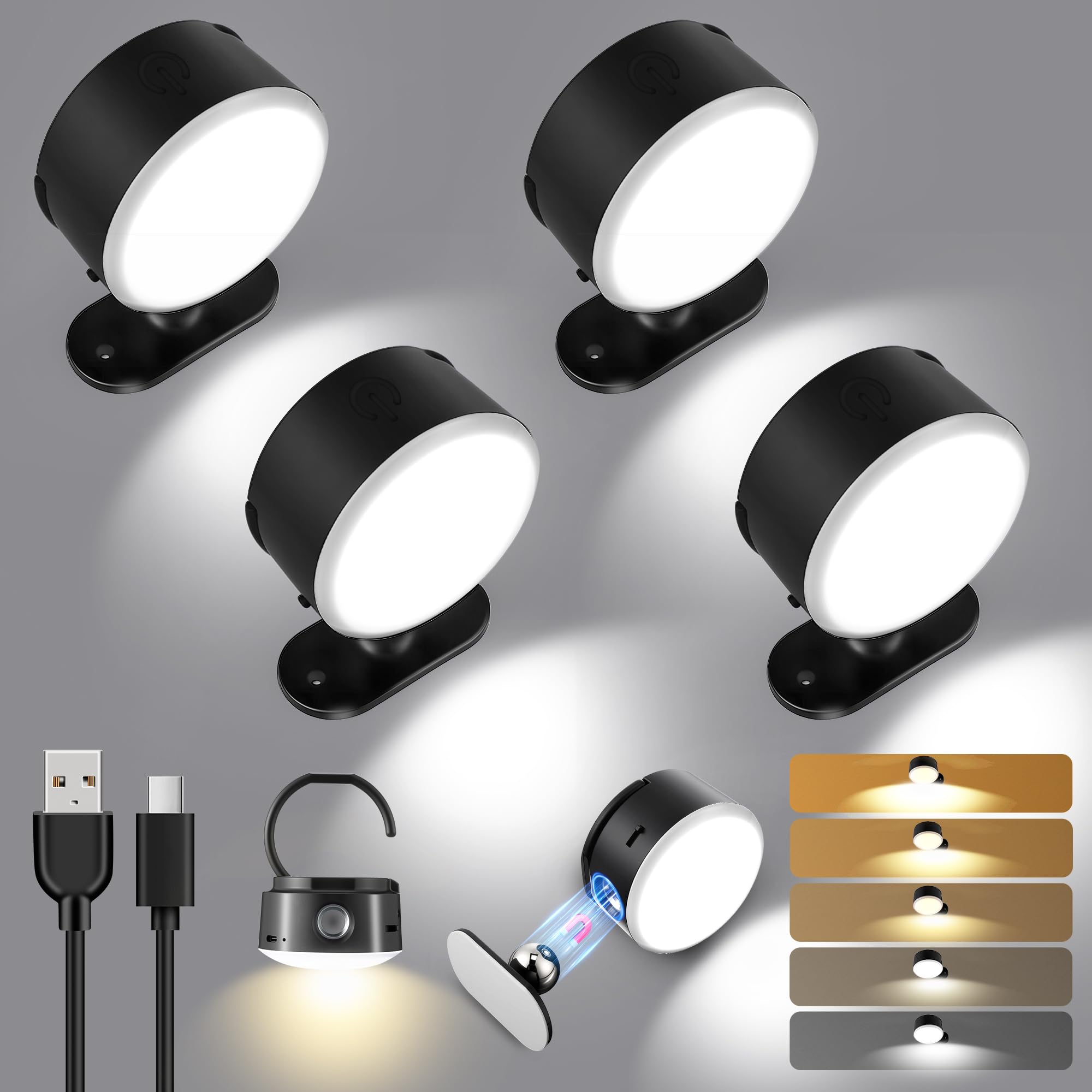 Photo 1 of Enhon 4 Pack LED Wall Mounted Lights, Wall Sconces Lamp 3000mAh Rechargeable Battery Operated, 5 Color Temperatures & Dimmable Magnetic 360° Rotation Cordless Light for Bedroom Bedside