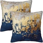 Weiscode Navy Blue and Gold Pillow Covers 18 x 18 inch Set of 2 Decorative Cushion Covers Blue and Gold Square Pillowcases for Bedroom Sofa Home Decor
