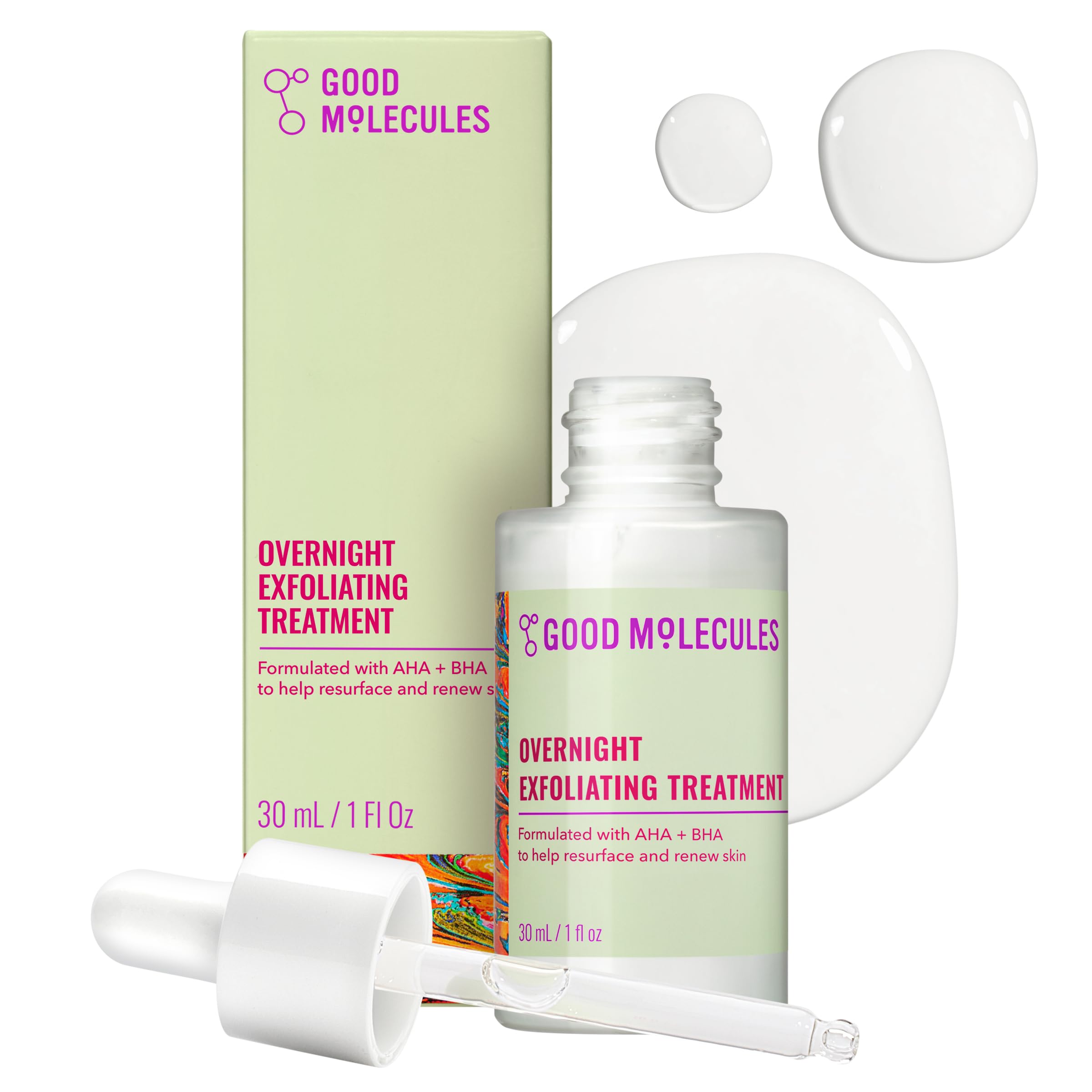 Good Molecules Overnight Exfoliating Treatment - Face Exfoliator with AHA & BHA Lightweight Formula - Pore Minimizer, Facial Skin Care with Glycolic & Salicylic Acid