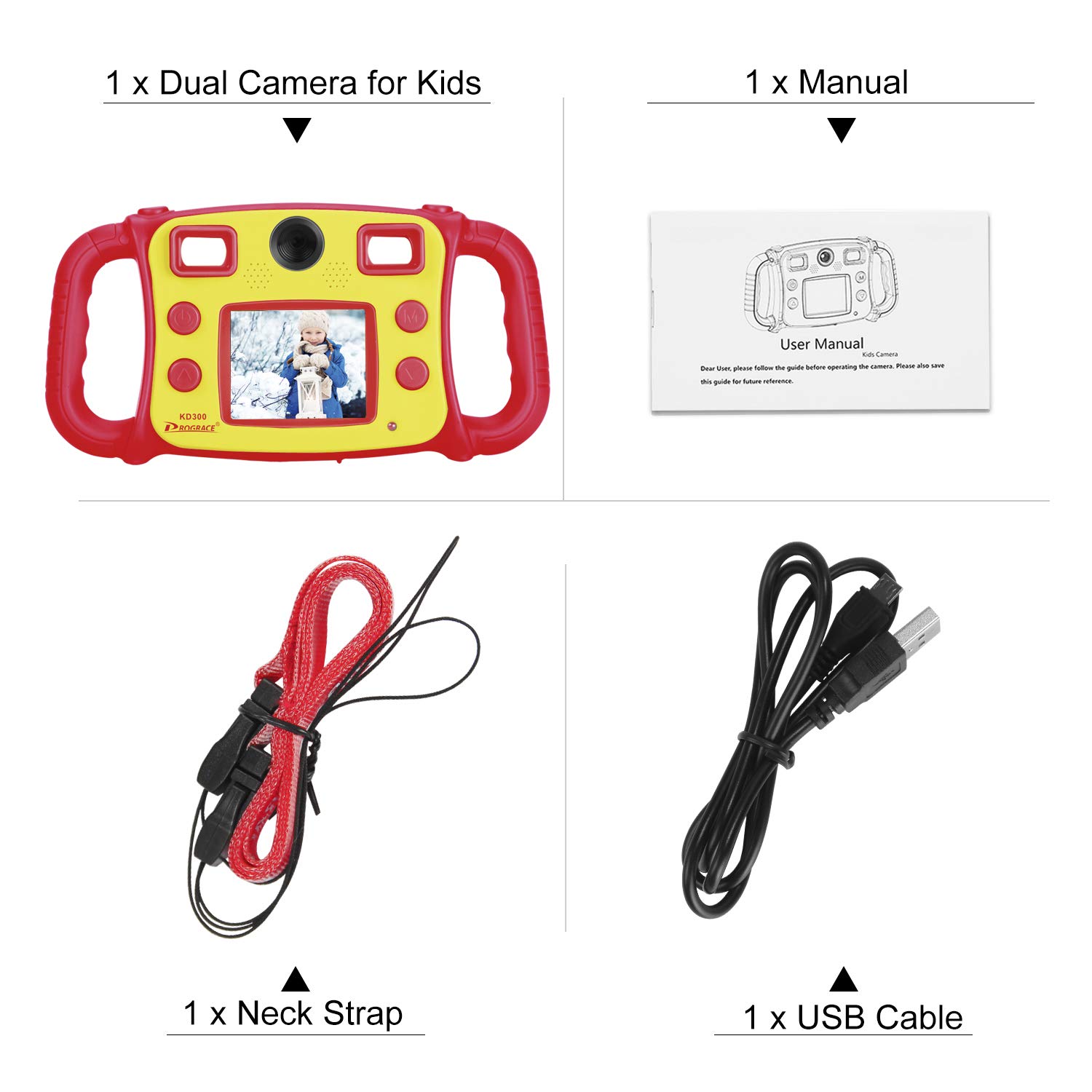 Prograce Kids Camera Dual Camera Selfie Digital Video Camera Camcorder for Boys Girls with 4X Digital Zoom, Flash Light and Funny Game（Red）