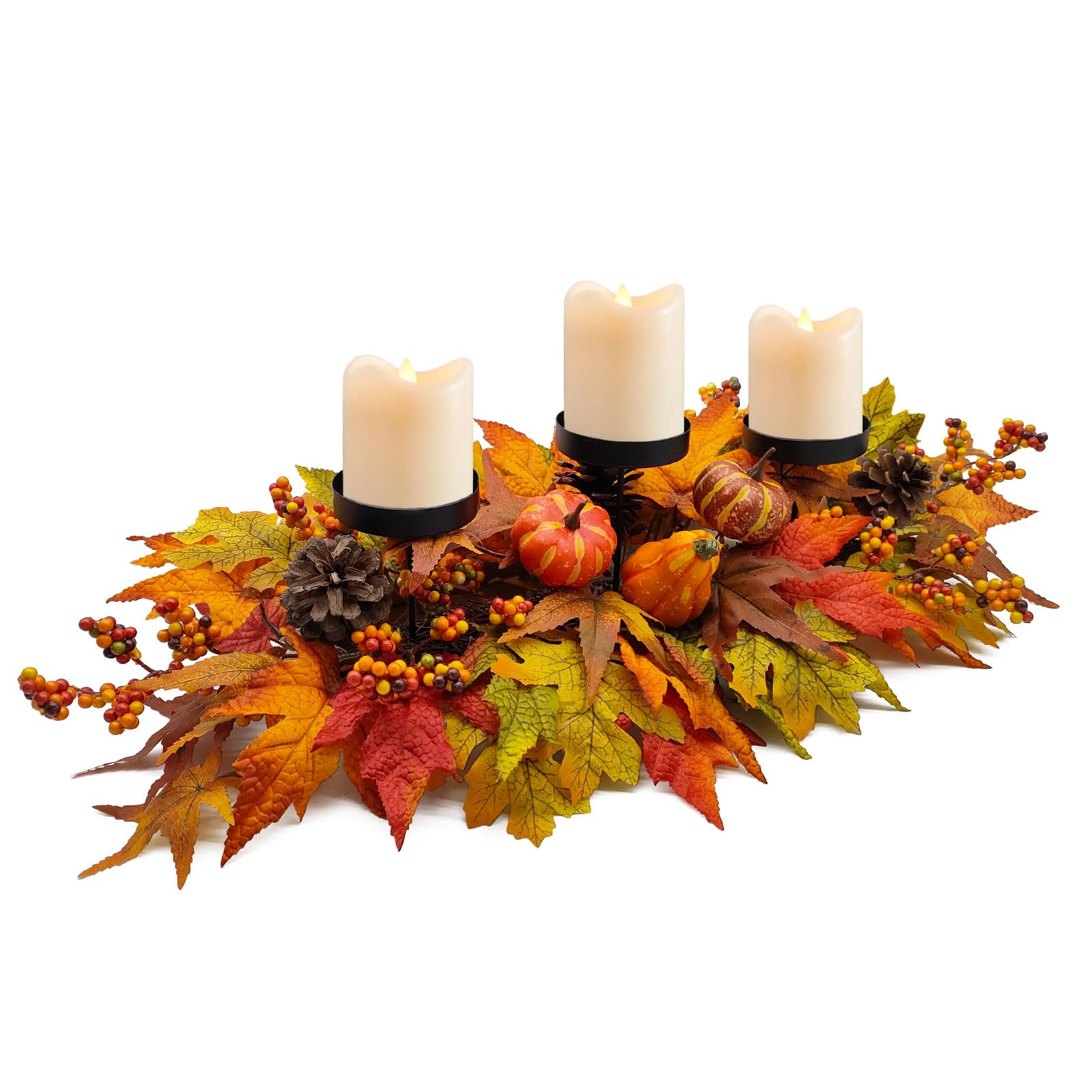 Photo 1 of Fall Centerpiece Table Decorations, 27.5'' L Assorted Artificial Pumpkins, Berries, Maple Leaves and Pine Cones, Harvest Table Candle Holder for Dinning Table, Fireplace Mantel (Candle Not Included)